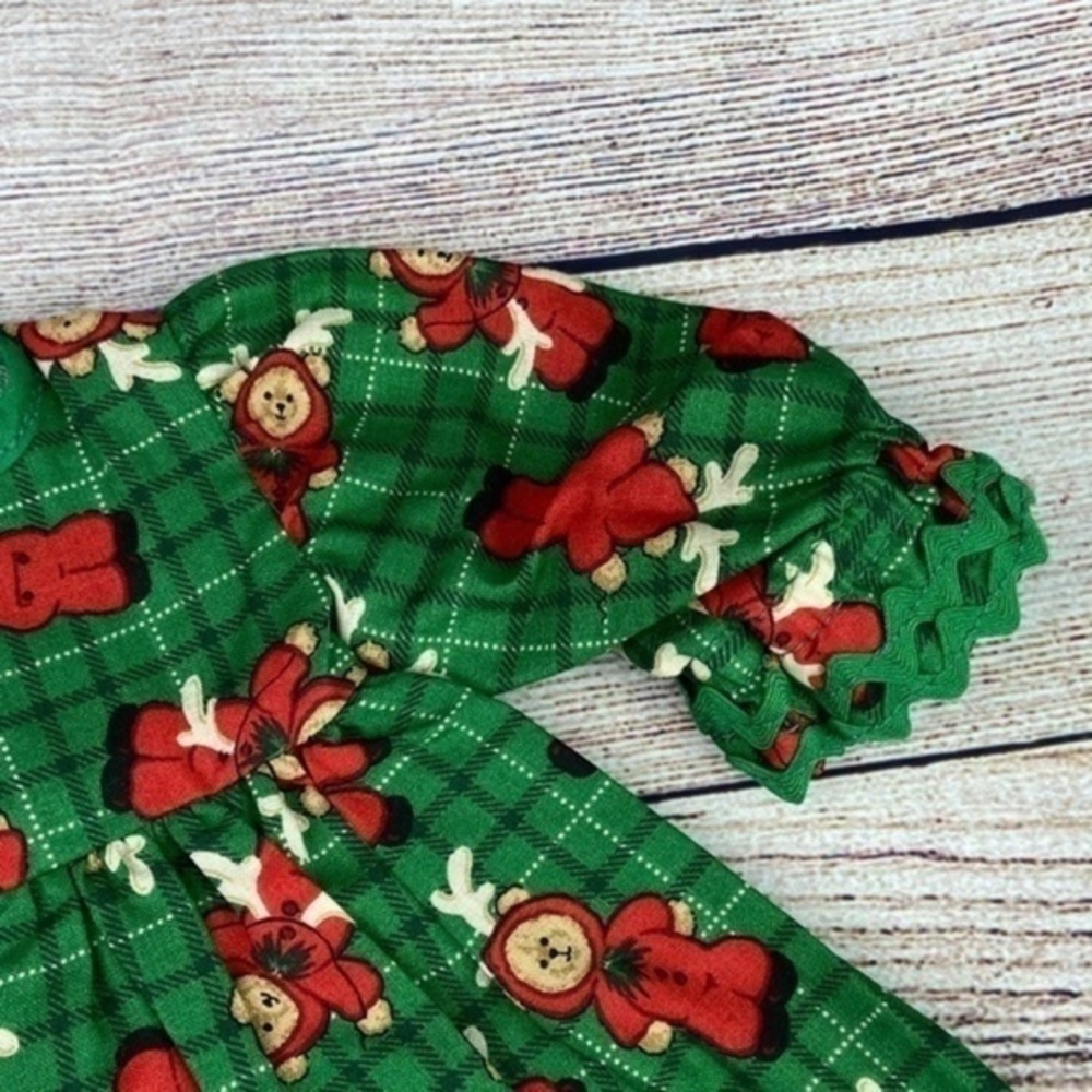 Handmade Vintage Doll Dress Green Red Teddy Bear Christmas Print Fabric - Picture 4 of 12